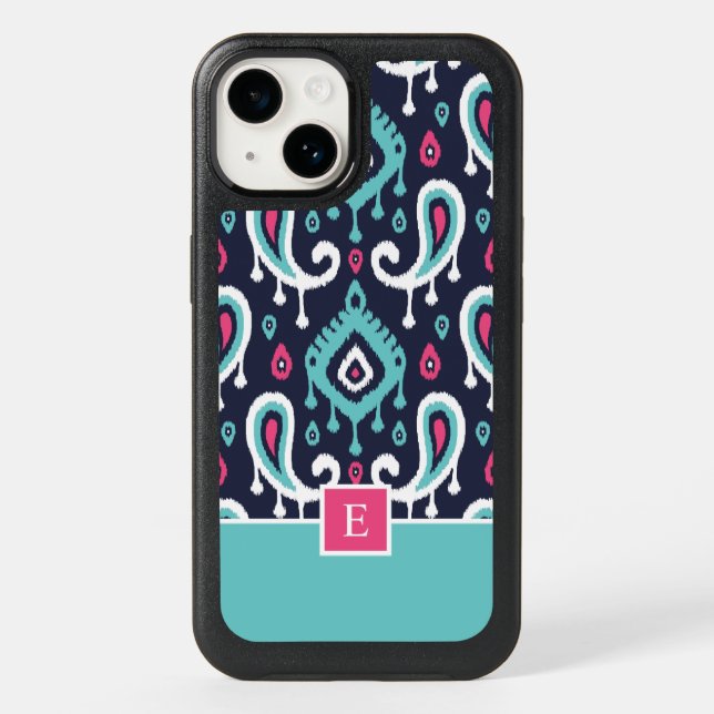 Navy and Pink Ikat Paisley Monogram Otterbox iPhone Case (Back)