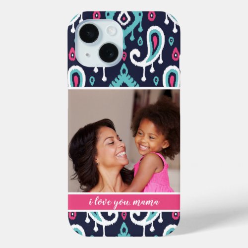Navy and Pink Ikat Paisley Mothers Day Photo iPhone 15 Case
