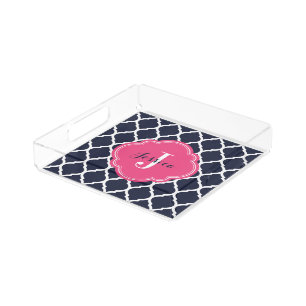 Navy and Pink Moroccan Quatrefoil Monogram Acrylic Tray