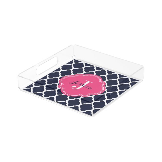 Navy and Pink Moroccan Quatrefoil Monogram Acrylic Tray (Angled)
