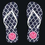 Navy and Pink Moroccan Quatrefoil Monogram Flip Flops<br><div class="desc">Custom printed flip flop sandals with a stylish Moroccan quatrefoil pattern and your custom monogram or other text in a circle frame. Click Customize It to change text fonts and colors or add your own images to create a unique one of a kind design!</div>