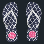 Navy and Pink Moroccan Quatrefoil Monogram Flip Flops<br><div class="desc">Custom printed flip flop sandals with a stylish Moroccan quatrefoil pattern and your custom monogram or other text in a circle frame. Click Customize It to change text fonts and colors or add your own images to create a unique one of a kind design!</div>