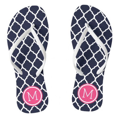 Navy and Pink Moroccan Quatrefoil Monogram Flip Flops