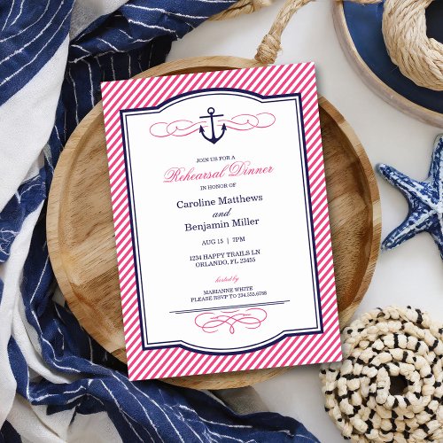 Navy and Pink Nautical Anchor Rehearsal Dinner Invitation