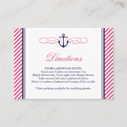 Customizable Navy and Pink Nautical Anchor Wedding Insert Cards Business Card