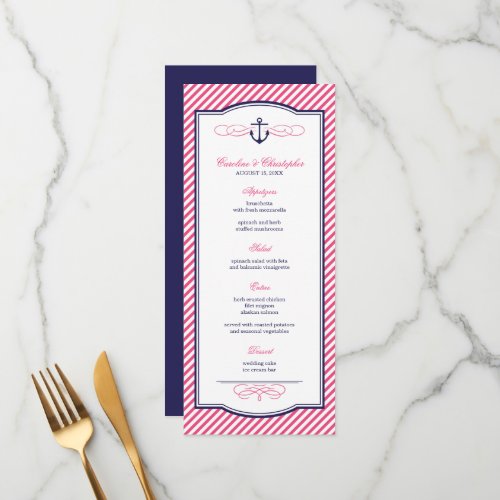 Navy and Pink Nautical Anchor Wedding Menu Card