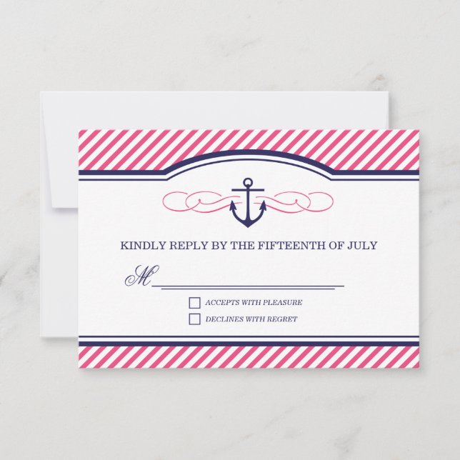 Navy and Pink Nautical Anchor Wedding RSVP Card (Front)