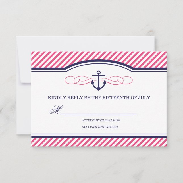 Navy and Pink Nautical Anchor Wedding RSVP Card (Front)