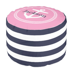 Navy and Pink Nautical Stripes Anchor Monogram Pouf