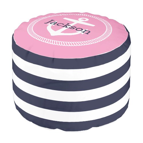 Navy and Pink Nautical Stripes Anchor Monogram Pouf
