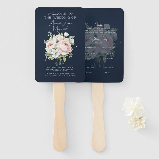 Navy and Pink Peony Wedding  Hand Fan (Front and Back)