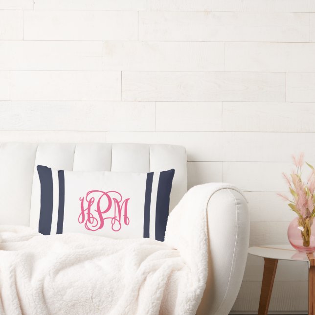 Navy and Pink Preppy Stripe Script Monogram Lumbar Pillow (Couch)