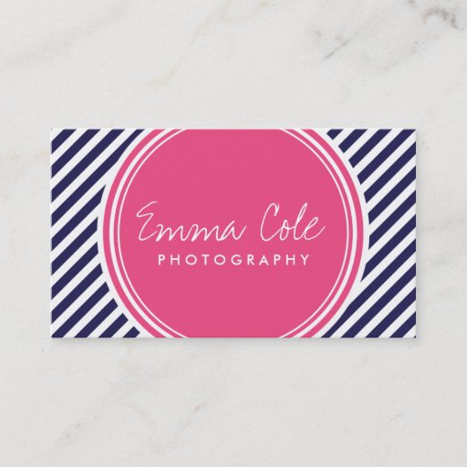 Customizable Navy and Pink Preppy Stripes Business Card