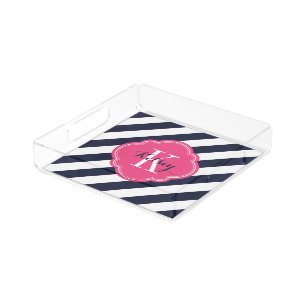 Navy and Pink Preppy Stripes Monogram Acrylic Tray