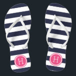 Navy and Pink Preppy Stripes Monogram Flip Flops<br><div class="desc">Custom printed flip flop sandals with a preppy nautical stripe pattern and your custom monogram or other text in a circle frame. Click Customize It to change text fonts and colors or add your own images to create a unique one of a kind design!</div>