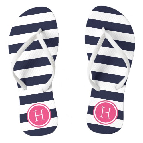 Navy and Pink Preppy Stripes Monogram Flip Flops