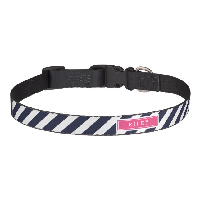 Navy and Pink Preppy Stripes Monogram Pet Collar (Front)