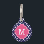 Navy and Pink Quatrefoil Monogram Pet Tag<br><div class="desc">Cute girly preppy Moroccan trellis pattern personalized with your pet's monogram name or initial in a chic quatrefoil frame. Back features coordinating colors and space to add your pet's name and emergency contact info. Click Customize It to change fonts and colors or add your own photos and text for a...</div>