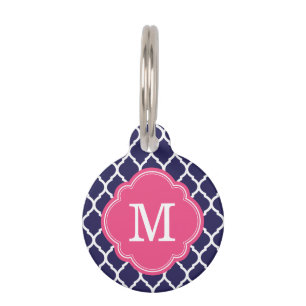 Navy and Pink Quatrefoil Monogram Pet Tag