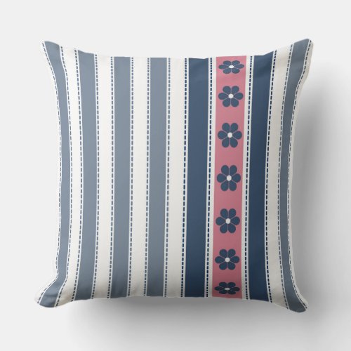 Navy and Pink Stripes Floral Throw Pillow