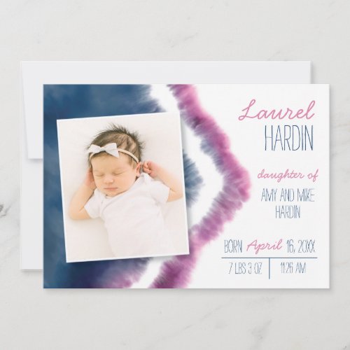 Navy and Pink Tie_Dye Birth Announcement