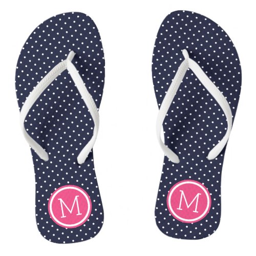 Navy and Pink Tiny Dots Monogram Flip Flops