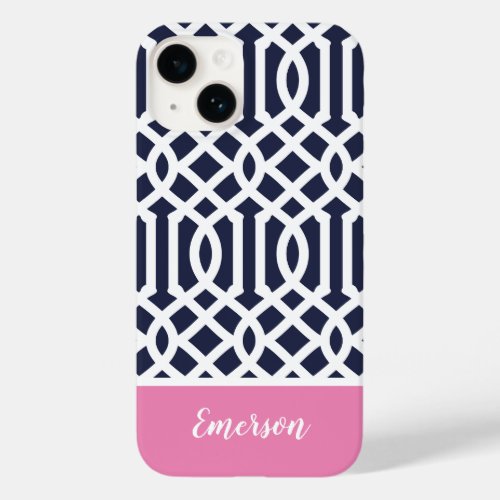 Navy and Pink Trellis Monogram Case_Mate iPhone 14 Case