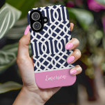 Navy and Pink Trellis Monogram Case-Mate iPhone 14 Case<br><div class="desc">Stylish custom phone case in navy blue, pink and white colors. This design features a preppy Moroccan trellis pattern. Personalize it with your name or other custom text in a modern script monogram font. Use the design tools to choose any background colors, edit the text fonts and colors and upload...</div>