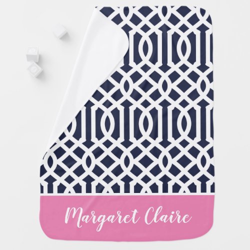 Navy and Pink Trellis Monogram  Editable Colors Baby Blanket