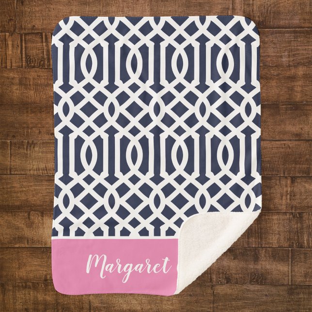 Navy and Pink Trellis Monogram | Editable Colors Sherpa Blanket (Creator Uploaded)