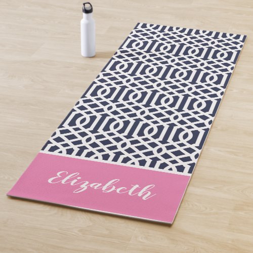 Navy and Pink Trellis Monogram  Editable Colors Yoga Mat