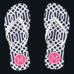Navy and Pink Trellis Monogram Flip Flops<br><div class="desc">Custom printed flip flop sandals with a stylish modern trellis pattern and your custom monogram or other text in a circle frame. Click Customize It to change text fonts and colors or add your own images to create a unique one of a kind design!</div>