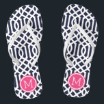 Navy and Pink Trellis Monogram Flip Flops<br><div class="desc">Custom printed flip flop sandals with a stylish modern trellis pattern and your custom monogram or other text in a circle frame. Click Customize It to change text fonts and colors or add your own images to create a unique one of a kind design!</div>
