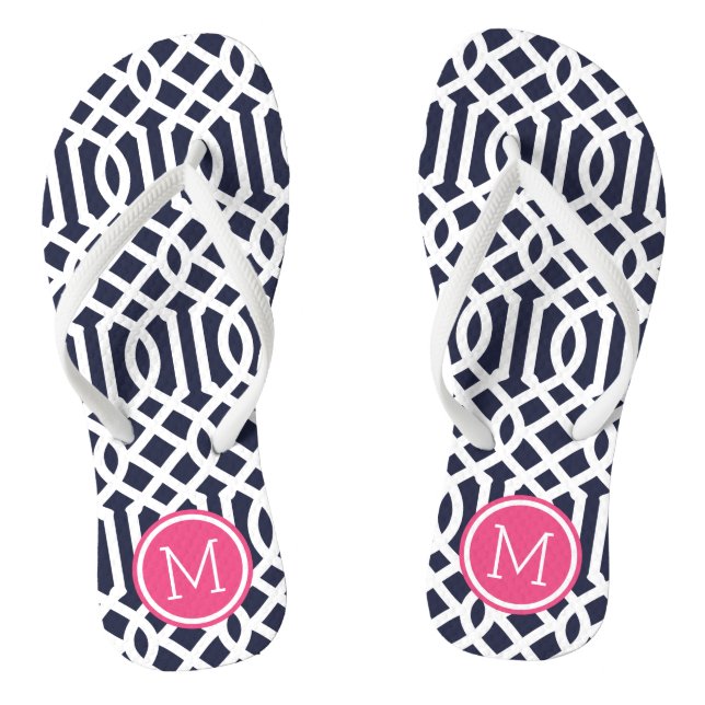 Navy and Pink Trellis Monogram Flip Flops (Footbed)