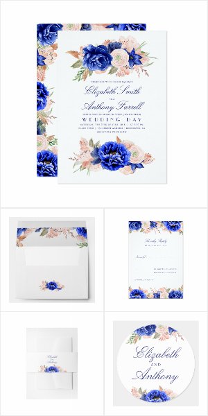 Navy and Pink Watercolor Flowers Wedding Invitation Set