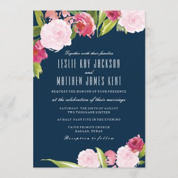 Navy And Pink Wedding Invitation With Flowers by EllisonReed at Zazzle