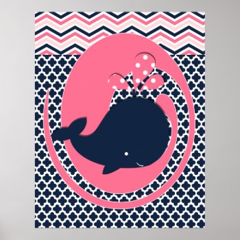 Navy And Pink Whale Nursery Poster by new_baby at Zazzle