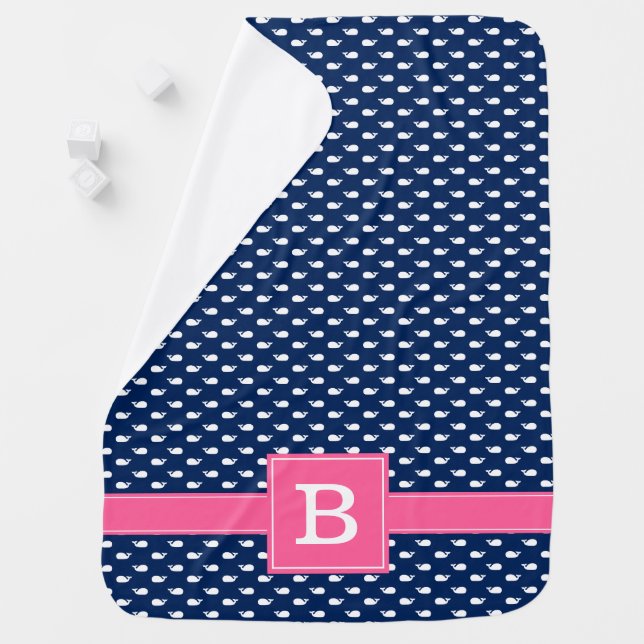 Navy and Pink Whimsical Whales Pattern Monogram Baby Blanket (In Situ)