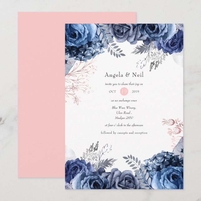 Navy and Pink with Silver Foil Floral Wedding Invitation (Front/Back)