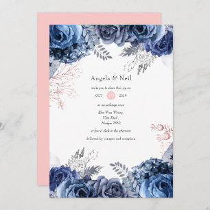 Navy and Pink with Silver Foil Floral Wedding Invitation