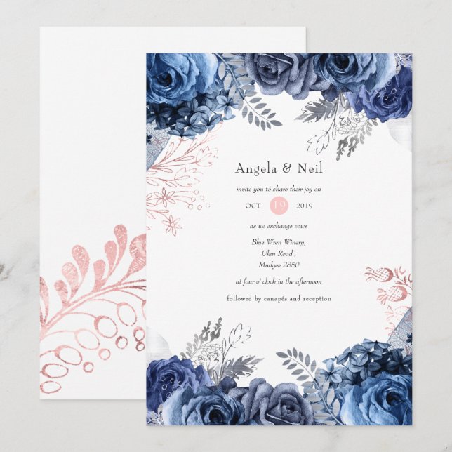 Navy and Pink with Silver Foil Floral Wedding Invitation (Front/Back)