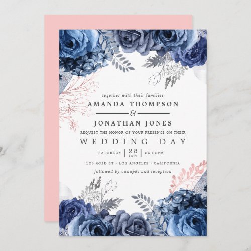 Navy and Pink with Silver Foil Floral Wedding Invitation
