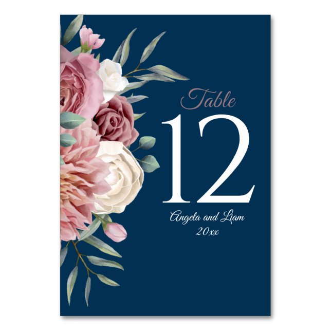 Navy and Pink with Watercolor Flowers Table Number (Front)