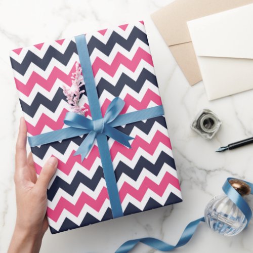 Navy and Pink Zigzag Chevron Stripes Wrapping Paper