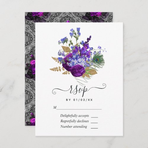 Navy and Purple Vintage Peacock Floral Quinceaera RSVP Card