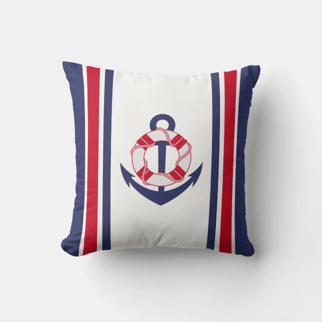 Navy and Red Anchor Nautical Throw Pillow (Front)