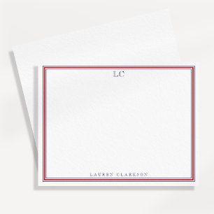 Navy and Red Border Monogram Stationery Note Card