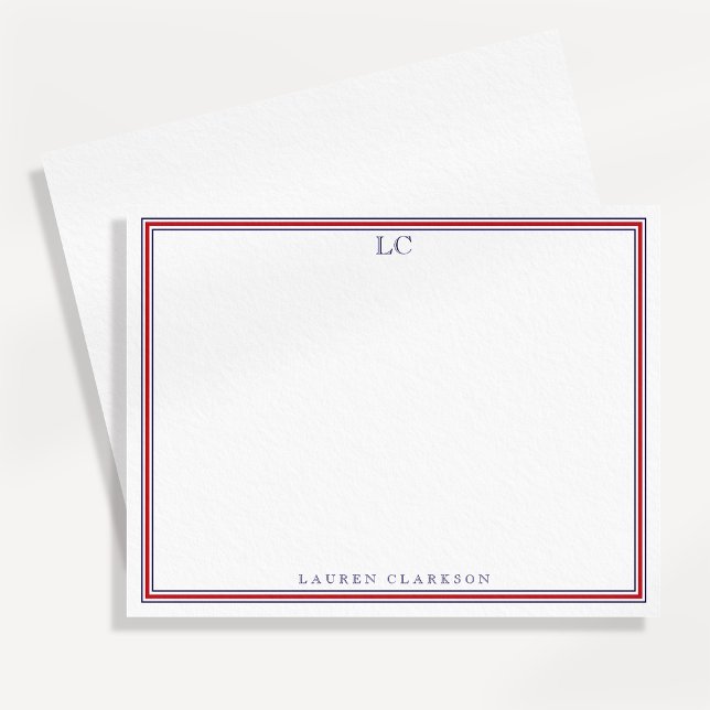 Navy and Red Border Monogram Stationery Note Card (Creator Uploaded)