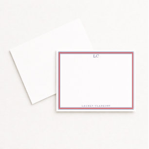 Navy and Red Border Monogram Stationery Note Card