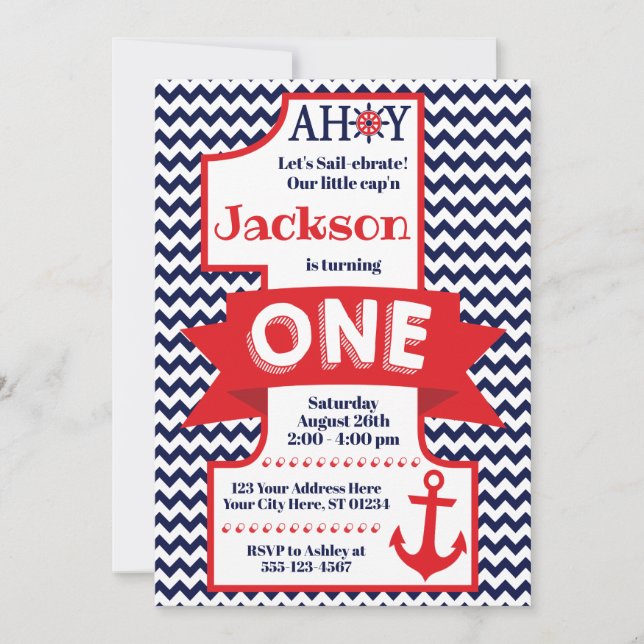 Navy and Red Boy Nautical 1st Birthday Invitation (Front)